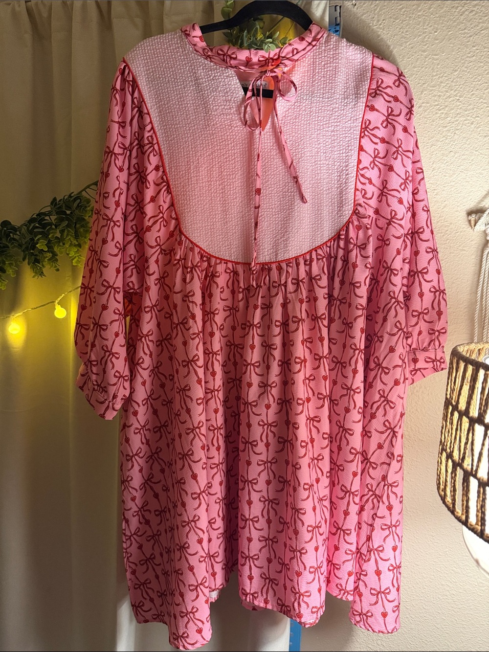 Simply Southern Pink Bow-Print Tie-Neck Tunic